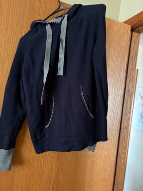 CHARLIE B Navy Crewneck Sweater with Gray Trim and Pink Stitching